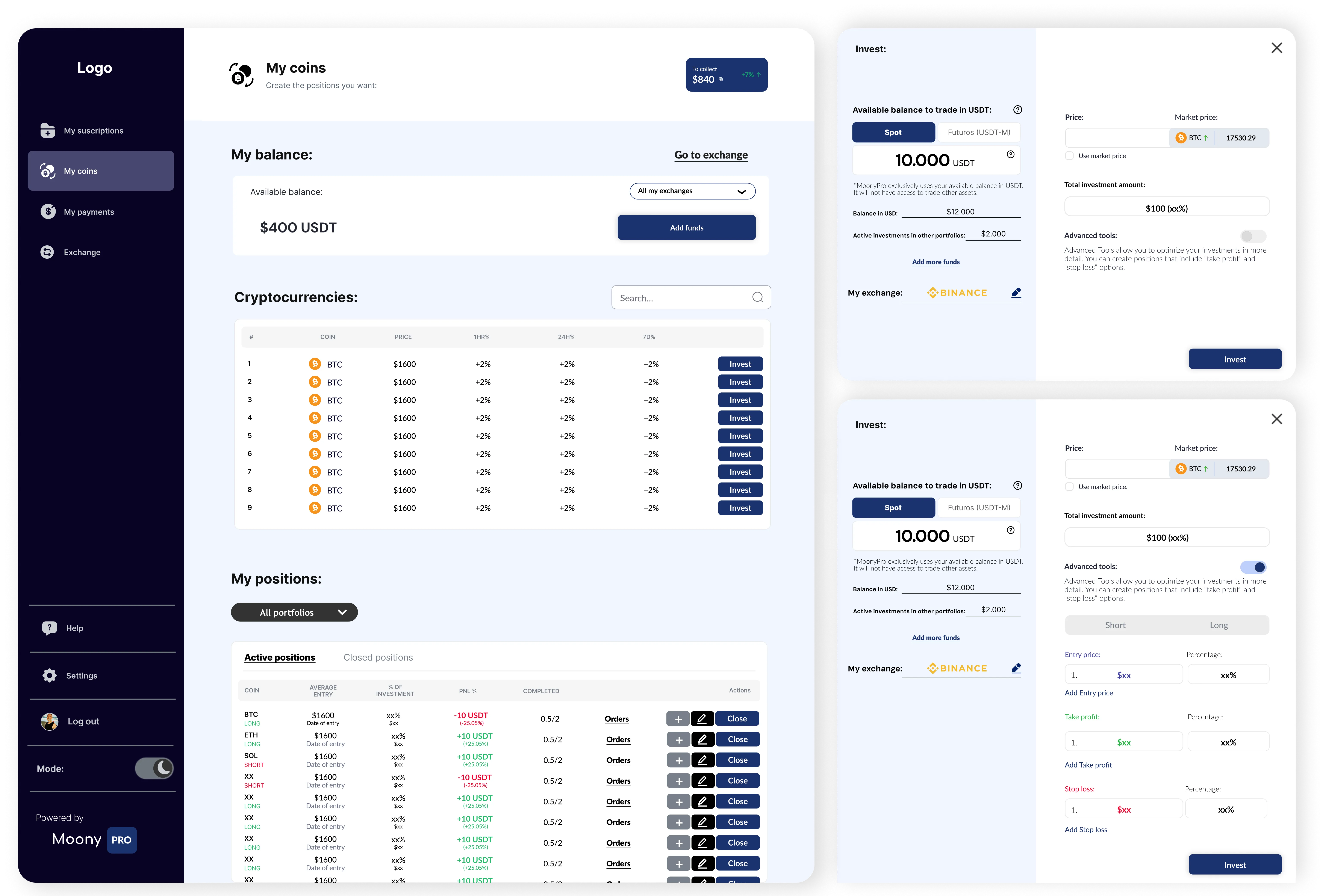 Moony Pro interface showing the My Coins section and investment functionality